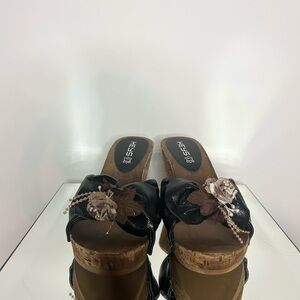 KEYS Leather With Floral and Beaded Embellishments and Wooden Chunky Wedge